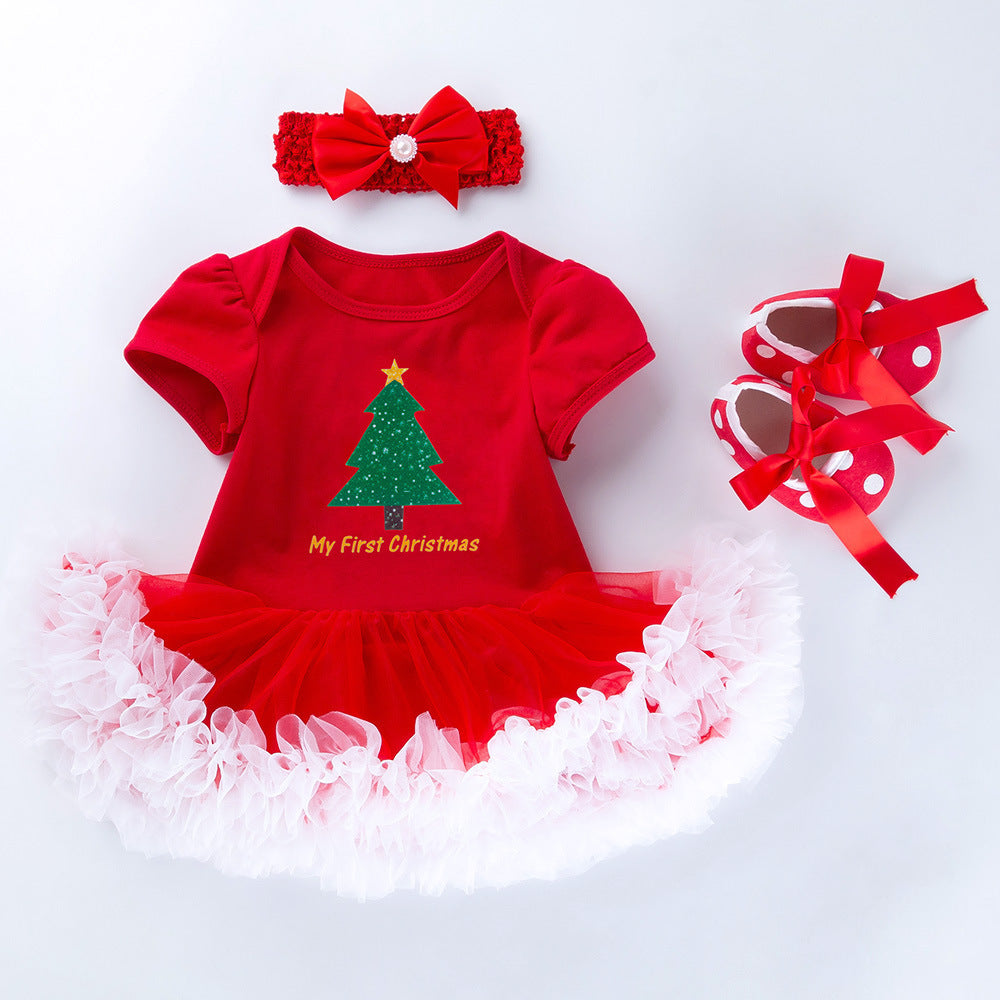 Baby Christmas Short Sleeve Cartoon Mesh Dress