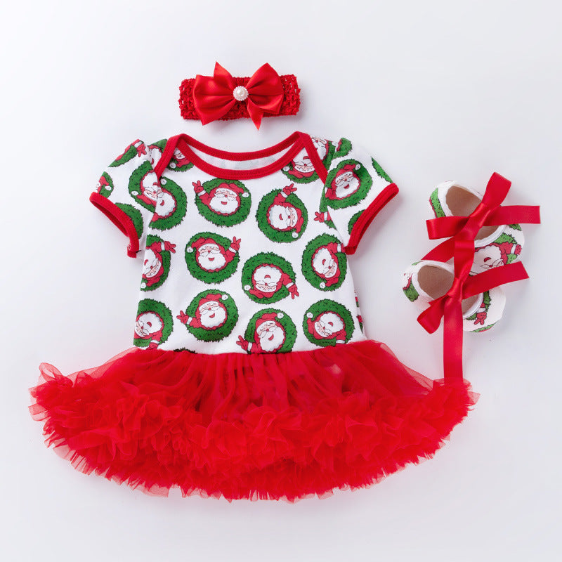 Baby Christmas Short Sleeve Cartoon Mesh Dress