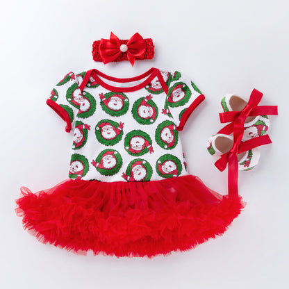 Baby Christmas Short Sleeve Cartoon Mesh Dress