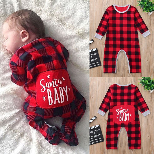Infant Unisex Christmas Santa XMAS Letter Plaid Romper