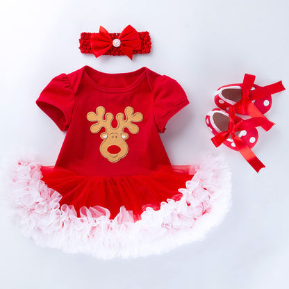 Baby Christmas Short Sleeve Cartoon Mesh Dress