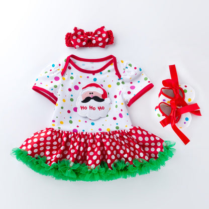 Baby Christmas Short Sleeve Cartoon Mesh Dress