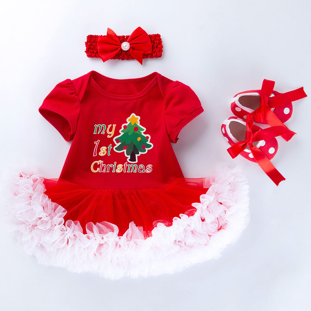 Baby Christmas Short Sleeve Cartoon Mesh Dress