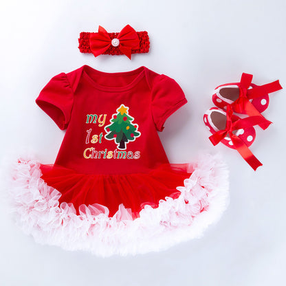 Baby Christmas Short Sleeve Cartoon Mesh Dress