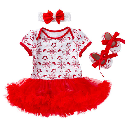 Baby Christmas Short Sleeve Cartoon Mesh Dress
