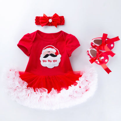Baby Christmas Short Sleeve Cartoon Mesh Dress