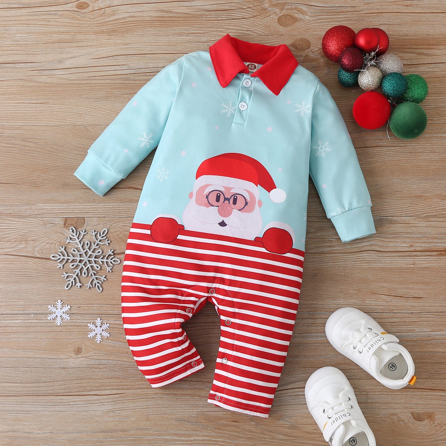 Cotton Santa Patchwork Plaid Long Sleeve Baby Bodysuit