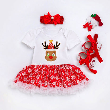 Baby Christmas Short Sleeve Cartoon Mesh Dress