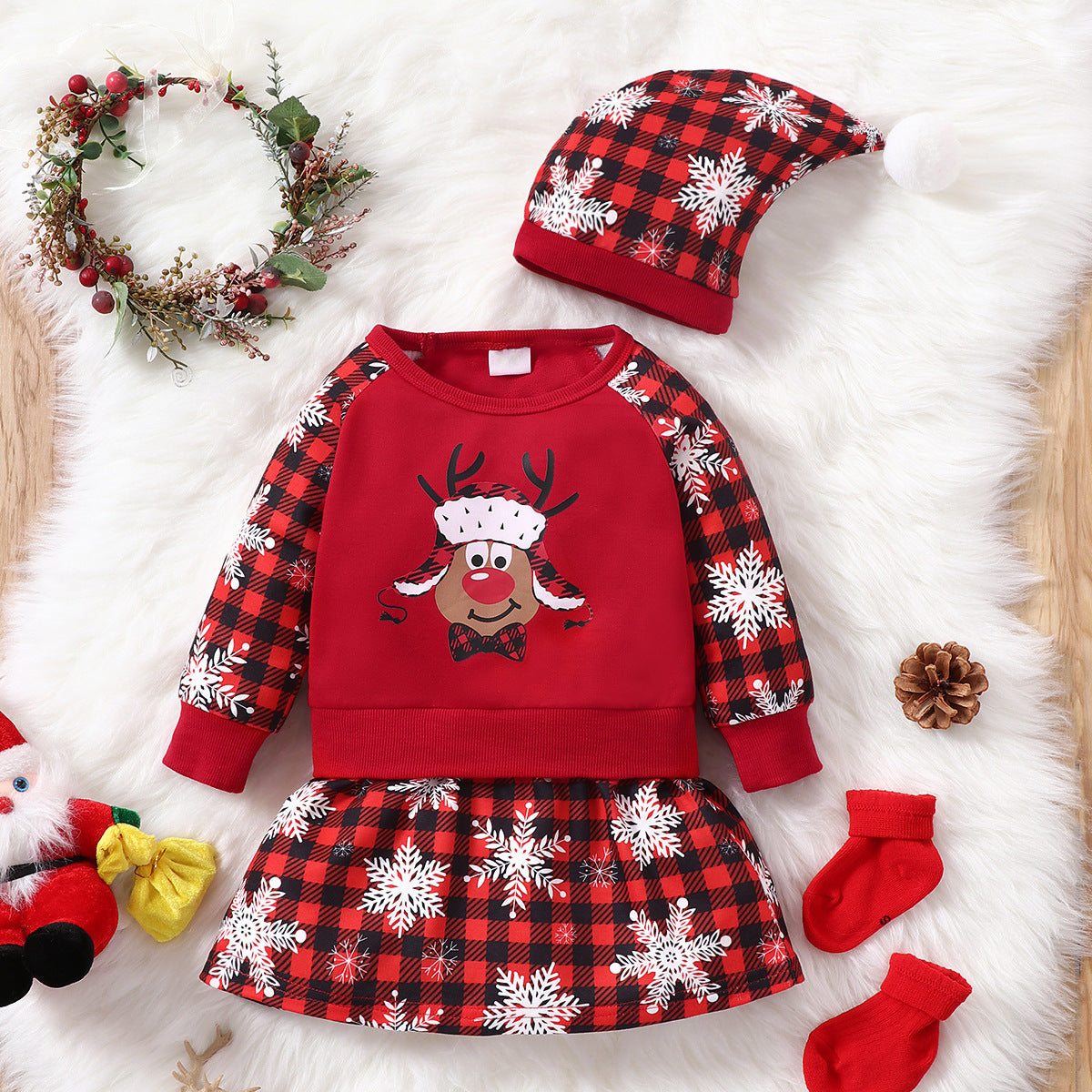 Cotton Santa Patchwork Plaid Long Sleeve Baby Bodysuit