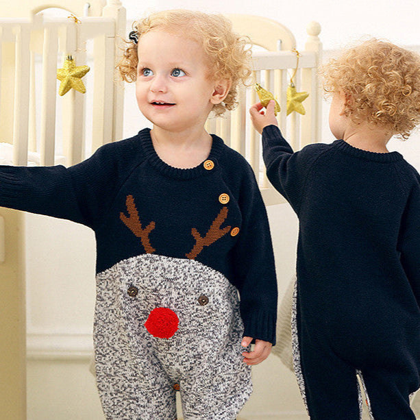 Boys and girls knitted cartoon deer romper Christmas sweater