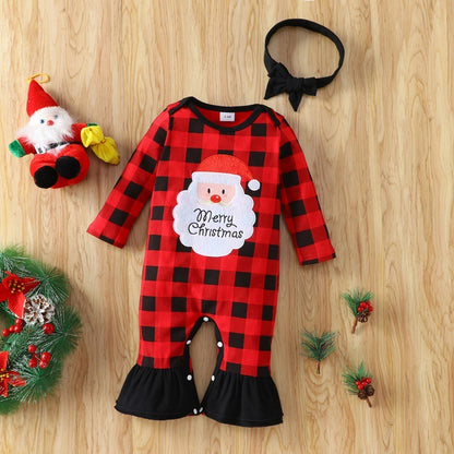 Cotton Santa Patchwork Plaid Long Sleeve Baby Bodysuit