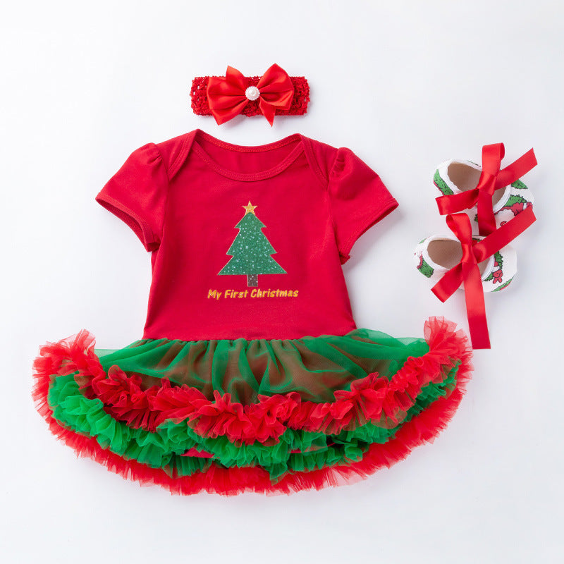 Baby Christmas Short Sleeve Cartoon Mesh Dress