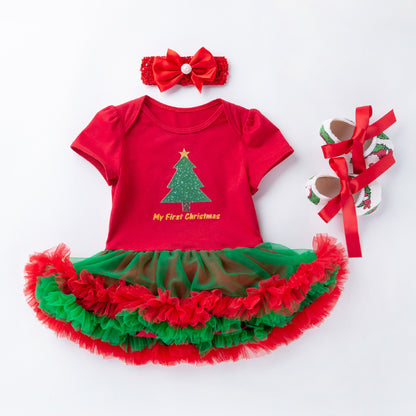 Baby Christmas Short Sleeve Cartoon Mesh Dress