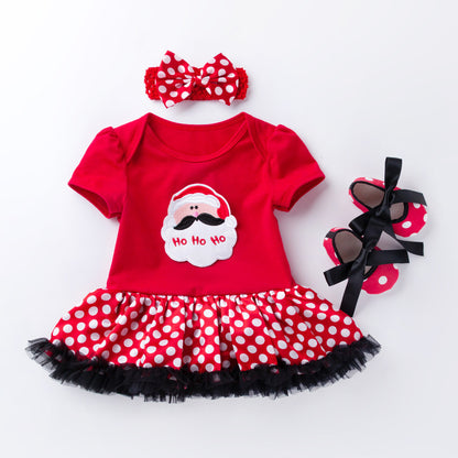 Baby Christmas Short Sleeve Cartoon Mesh Dress