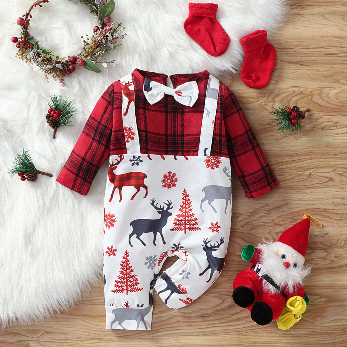 Cotton Santa Patchwork Plaid Long Sleeve Baby Bodysuit