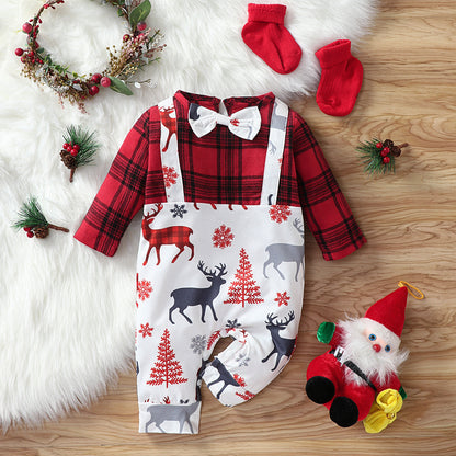 Cotton Santa Patchwork Plaid Long Sleeve Baby Bodysuit