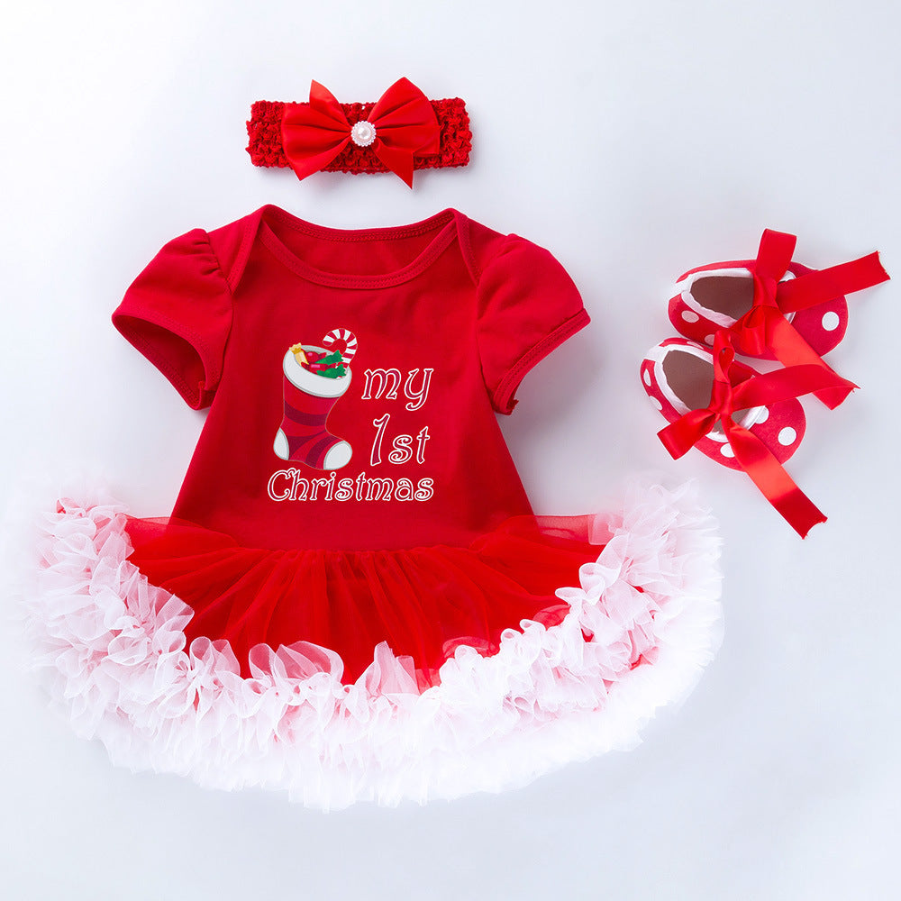 Baby Christmas Short Sleeve Cartoon Mesh Dress