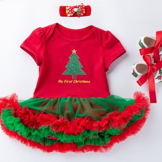 Baby Christmas Short Sleeve Cartoon Mesh Dress