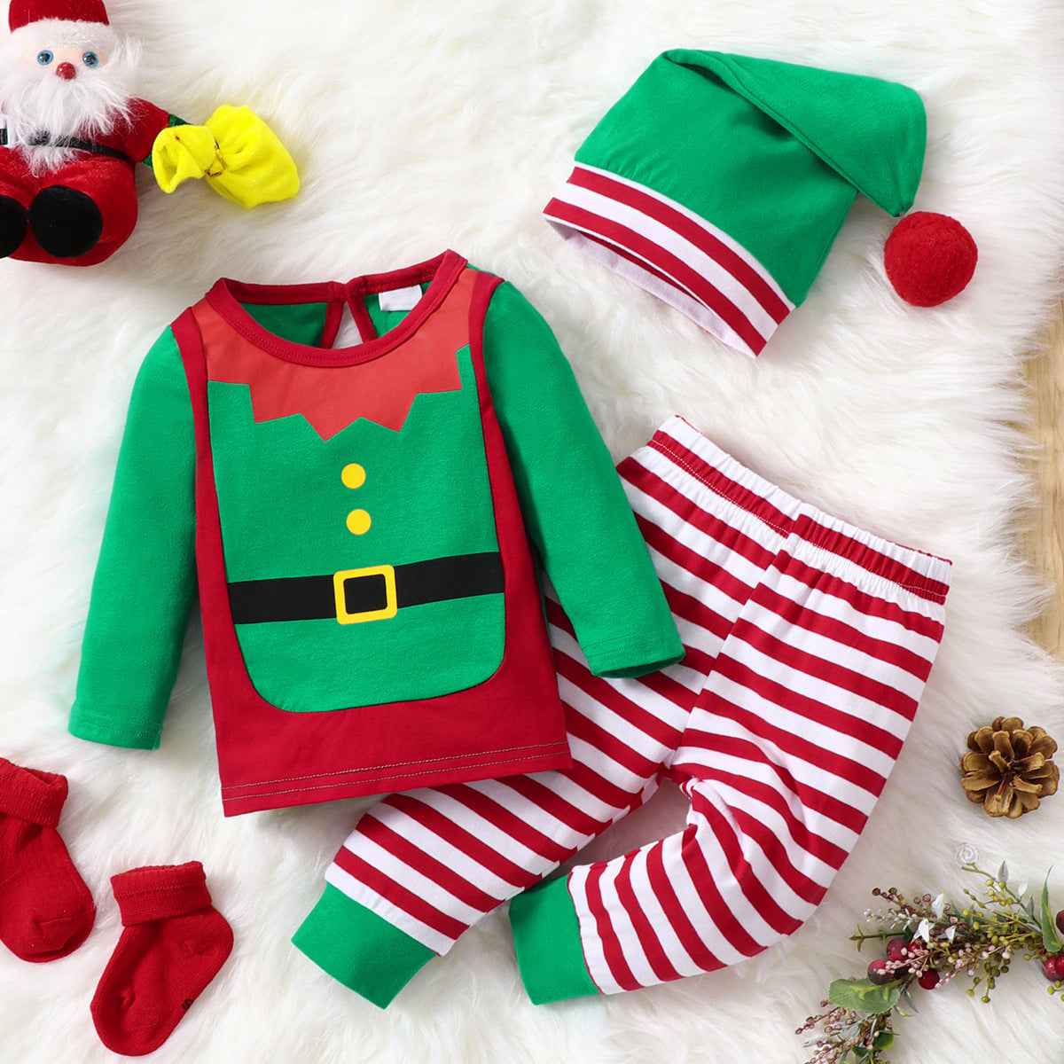 Cotton Santa Patchwork Plaid Long Sleeve Baby Bodysuit