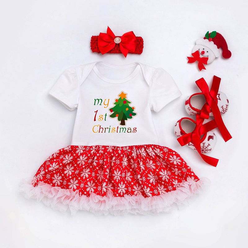 Baby Christmas Short Sleeve Cartoon Mesh Dress